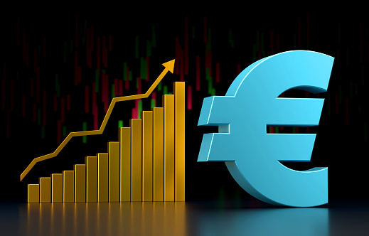 Euro Symbol And Moving Up Graph. Finance, Economy and Earning Money Concept.