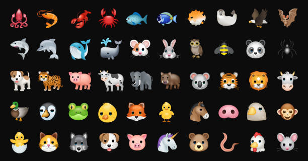 illustrations, cliparts, dessins animés et icônes de ensemble d’illustrations emoji vectorielles d’animaux - émoticon