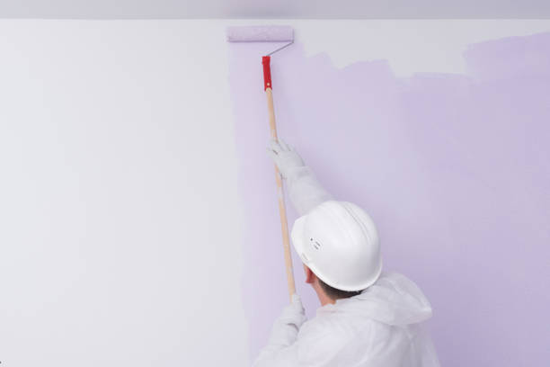 istock a construction worker in protective clothing and a helmet, paints a white wall with a roller in a light purple color, rear view 1389459097