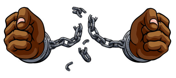 Hands Breaking Chain Shackles Cuffs Freedom Design Hands in fists breaking the chain of shackle cuffs freedom concept design slave cartoons stock illustrations