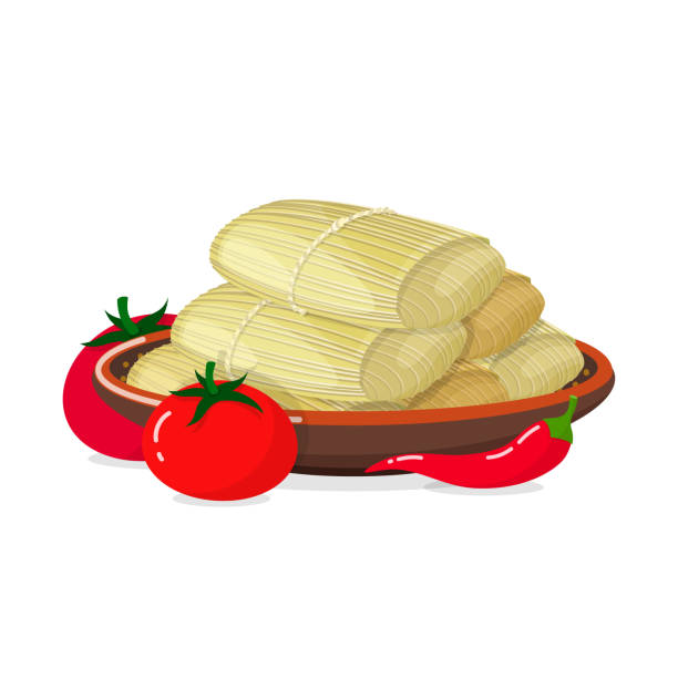 Tamales icon Illustration of traditional Mexican filled food on the plate, tomatoes and chili pepper isolated on a white background. Vector 10 EPS. tamales stock illustrations