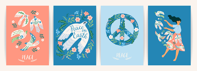 Peace on Earth. Woman and dove of peace. Vector set. Illustration for card, poster, flyer and other use