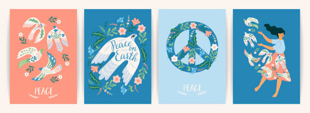 Peace on Earth. Woman and dove of peace. Vector set. Illustration for card, poster, flyer and other Peace on Earth. Woman and dove of peace. Vector set. Illustration for card, poster, flyer and other use cartoon earth happy planet stock illustrations