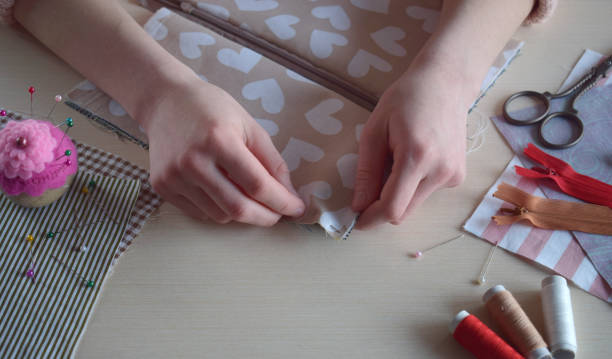 istock Making a textile pencil case. Sewing handmade cosmetic bag. Step by step. 1389461763
