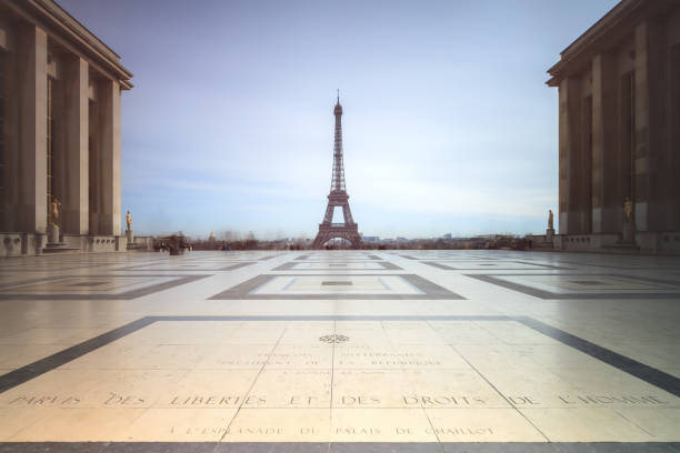 Beautiful cityscape urban street view of the Eiffel tower in Paris, France, on a spring day, seen from Trocadero square