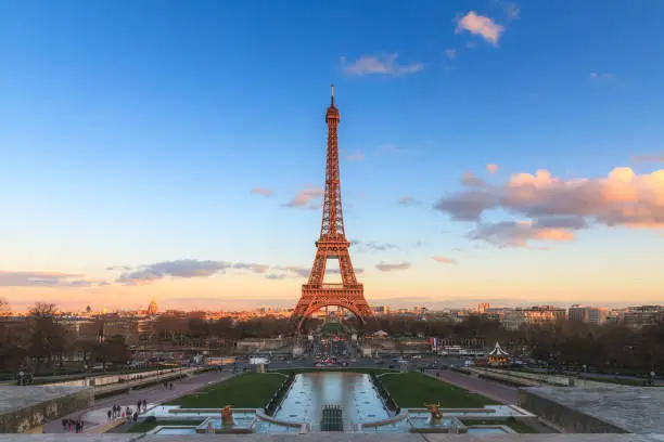 Beautiful cityscape urban sunset view of the Eiffel tower in Paris, France, on a spring day, seen from Trocadero square
