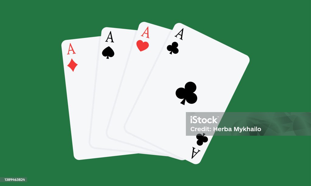 Set with four playing cards. Four aces on green background. Set with four playing cards. Four aces on green background. Flat vector illustration. Blackjack stock vector