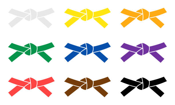 Set with belts karate on white background. Full Collection of martial arts belts. Set with belts karate on white background. Full Collection of martial arts belts. Vector 10 EPS. yellow belt stock illustrations