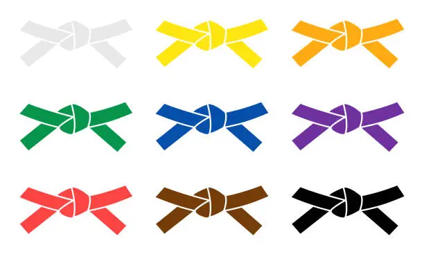 Vector illustration of Set with belts karate on white background. Full Collection of martial arts belts.