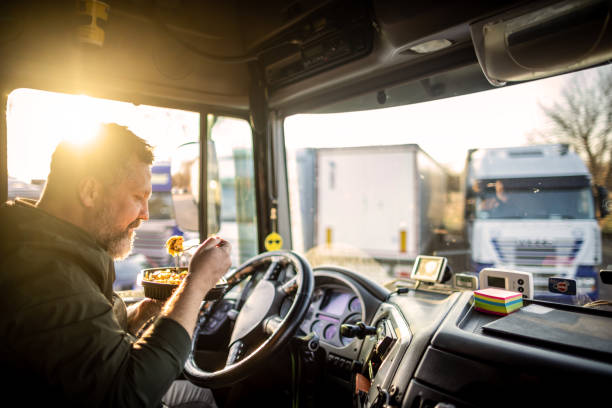 trucker in der fahrpause - computer manual worker truck driver truck stock-fotos und bilder