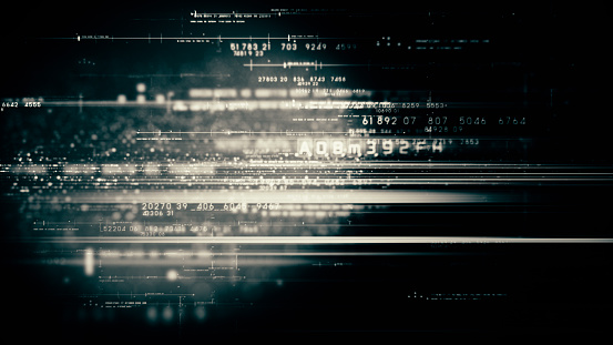 Futuristic abstract de-focus flowing data matrix, telemetry and encrypt numbers display with particles simulation for head up display in cyber space environment loop background