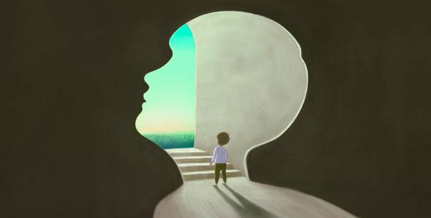 Dream A boy looking at the sky, Concept idea of imagination hope and dream of child , conceptual 3d illustration. kid life. childhood. mindfulness kids stock illustrations