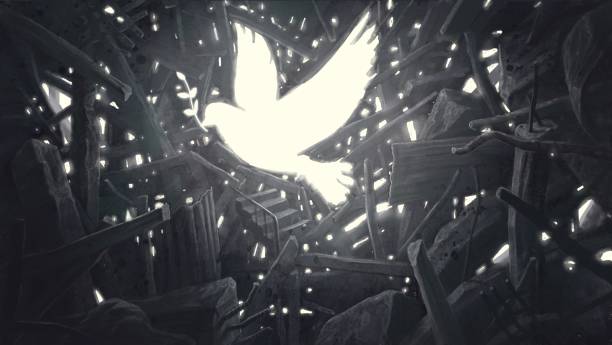 Peace Conceptual surreal art of peace, war and hope. Painting 3d illustration of a pigeon light in broken building. Concept artwork. spiritual warfare stock illustrations