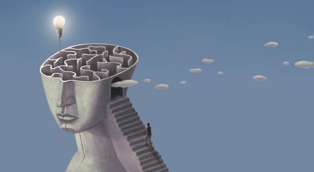 Brain Concept idea of solution brain maze inspiration success thinking and creativity. surreal art. conceptual 3d illustration. Light bulb in labyrinth. philosophy stock illustrations