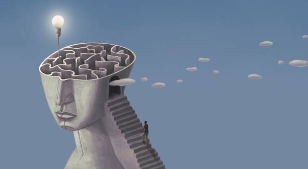 Brain Concept idea of solution brain maze inspiration success thinking and creativity. surreal art. conceptual 3d illustration. Light bulb in labyrinth. surreal stock illustrations