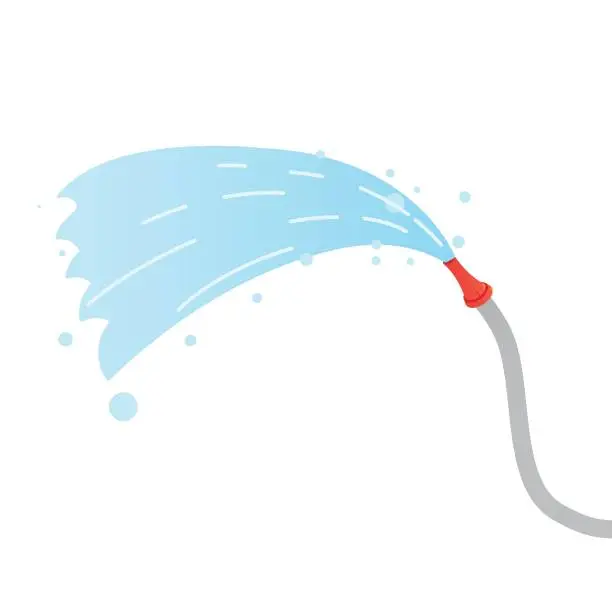 Vector illustration of Hose. Jet of water. Flat cartoon illustration isolated on white. Fire fighting and watering of the lawn