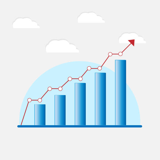 wykres biznesowy. z czerwoną strzałką w górę, niebieskim tłem, wykresem finansowym rozwoju firmy - investment finance frequency blue stock illustrations