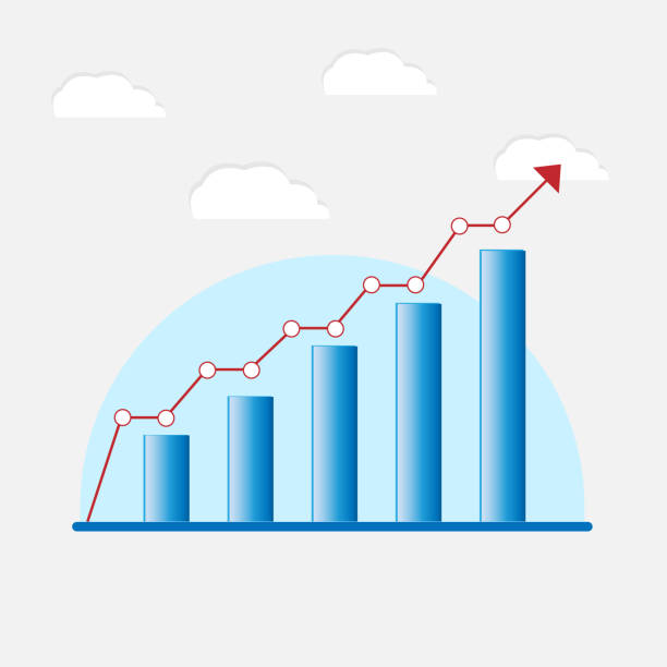 ilustrações de stock, clip art, desenhos animados e ícones de business graph chart. with red rising arrow , blue background ,business  grow  financial graph - investment finance frequency blue