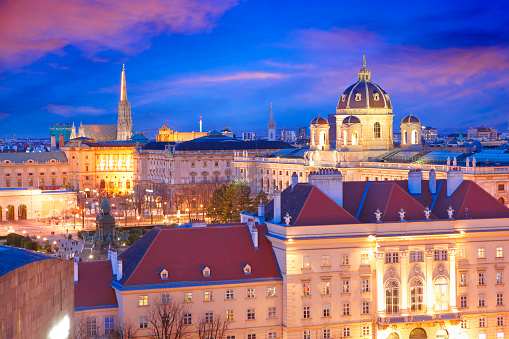 Maria-Theresien platz (square), St. Stephen's Cathedral (Stephansdom) on the left and cupola of Kunsthistorisches Museum on the right