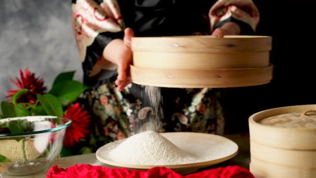 Woman Making Khinkali, Dim Sum Dumplings with Bamboo Steamer Basket