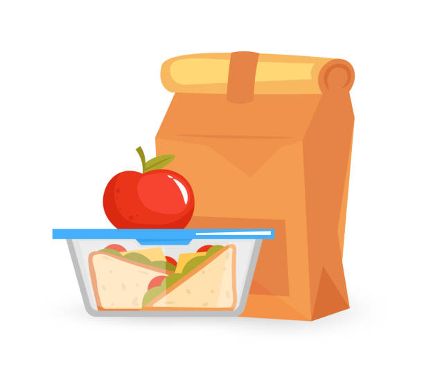 illustrazioni stock, clip art, cartoni animati e icone di tendenza di pranzo al sacco con cibo sano, mela e panino - merenda