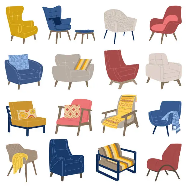 Vector illustration of Set of different comfortable lounge armchairs in scandinavian style.