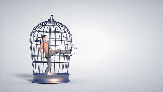 Man inside a bird cage breaks the bars. Escape and mindset change concept. This is a 3d render illustration