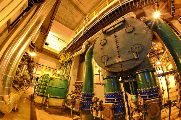 modern machines at power plant. large turbines and generators. - boiler power station gas boiler industrial boiler imagens e fotografias de stock