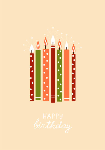 Cute greeting card with festive vintage candles and Happy Birthday lettering Cute greeting card with festive vintage candles and Happy Birthday lettering. Hand drawn vector illustration on beige background birthday candle stock illustrations