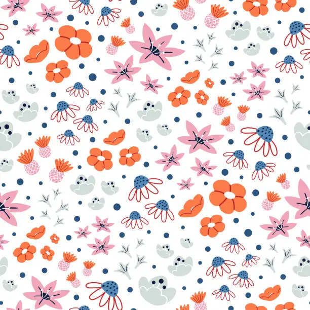 Vector illustration of Cute summer floral pattern with pretty wild flowers. Vector illustration