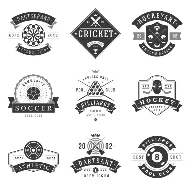 Sports clubs and sections vector logos set Sports clubs and sections vector logos set. Black emblem of croquet and retro billiards organization. Professional training in football contact ice hockey. Athletic fitness classes with rest in darts black family crest stock illustrations