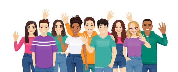 Multiethnic young people in casual clothes vector art illustration