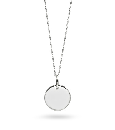 Blank plain gold necklace for engraving with chain on white background.
