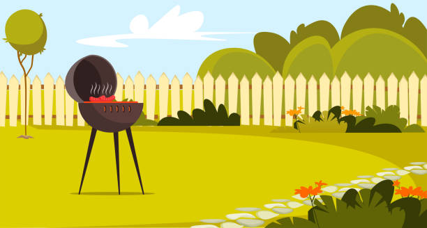 BBQ weekend picnic on lawn, garden or backyard with fence, charcoal brazier with sausages BBQ weekend picnic on lawn, garden or backyard with fence vector illustration. Cartoon charcoal brazier with grilled barbecue sausages on fire, neighbour summer patio with barbeque tools background backyard background stock illustrations