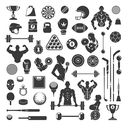 Sports training and equipment vector icons set. Athletic characters engaged in fitness bodybuilding. Rugby and hockey accessories with first place awards. Active competitions in baseball and golf.