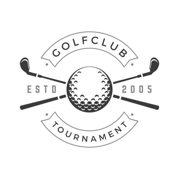 ilustraciones, imágenes clip art, dibujos animados e iconos de stock de logotipo vectorial del torneo del club de golf cruzado negro de bronce símbolo de la competencia deportiva - golf