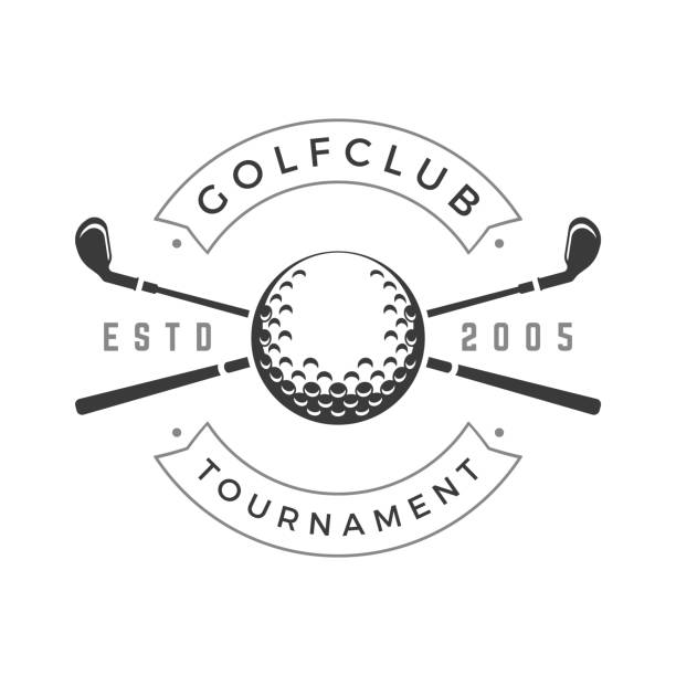 Golf club tournament vector logo crossed black golfing brassy symbol of sports competition Golf club tournament vector logo. Crossed black golfing brassy symbol of sports competition. Gaming championship sticker with monochrome design fair vintage fight and recreation achievement. golfer swinging club stock illustrations