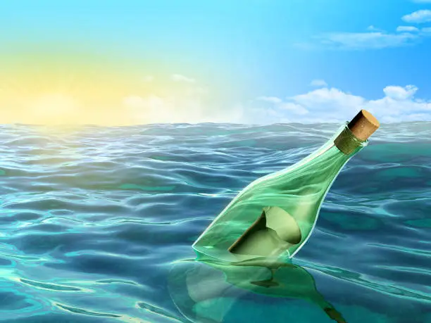A glass bottle floating in the sea. Digital illustration.