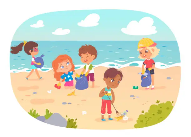 Vector illustration of Kids cleaning ocean or sea beach from garbage, volunteers helping to clean nature