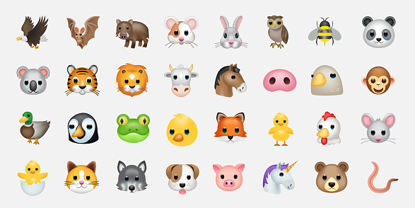 Set of animal faces, face emojis, stickers, emoticons. Animals vector emoji illustration set.