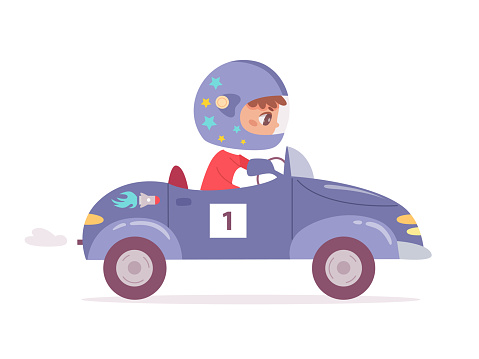 Little racer driving speed toy blue car on race competition vector illustration. Cartoon funny cute kid in safety helmet riding rocket vehicle, champion with number one on transport isolated on white