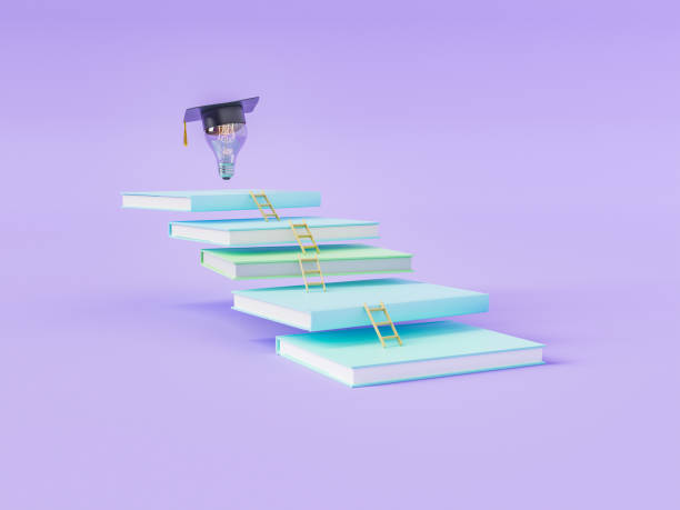 istock Books with small ladders and light bulb in academic cap 1389476680
