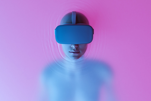 Top view of female in liquid experiencing cyberspace in futuristic virtual reality goggles on pink background. 3d rendering