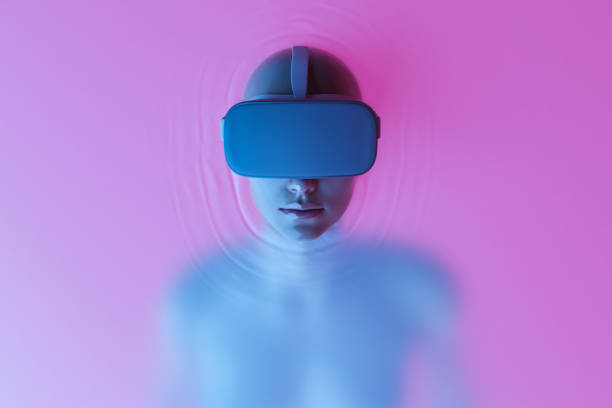 3d illustration of drowning woman in futuristic vr headset - virtual reality simulator imagens e fotografias de stock