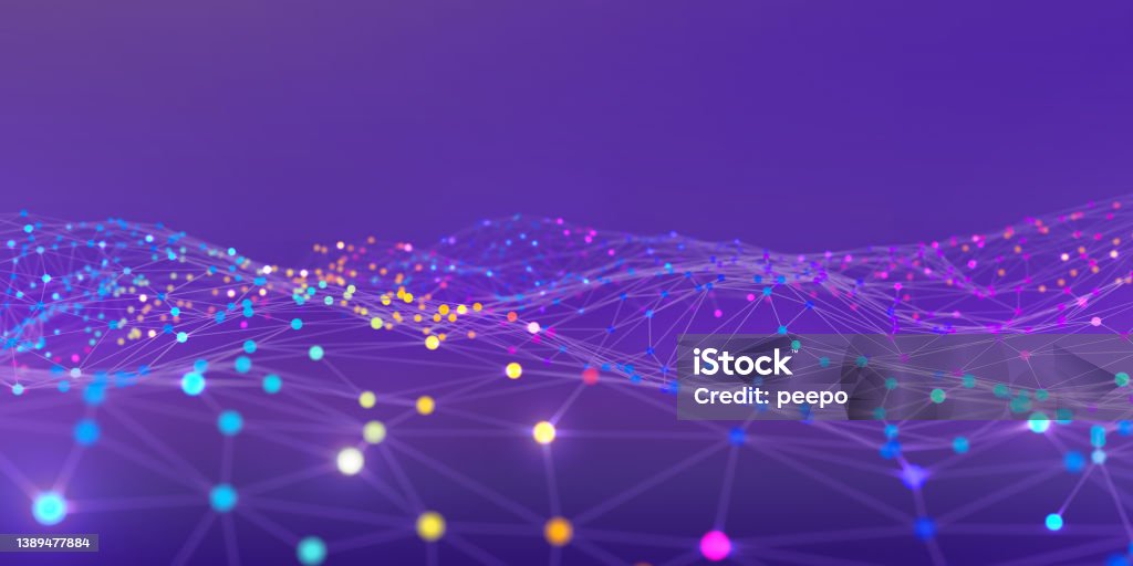 Bright Coloured Particles On 3D Graph A three dimensional mesh of spherical particles with varying colours and brightness connected together by lines in a network against a purple background. Connection Stock Photo