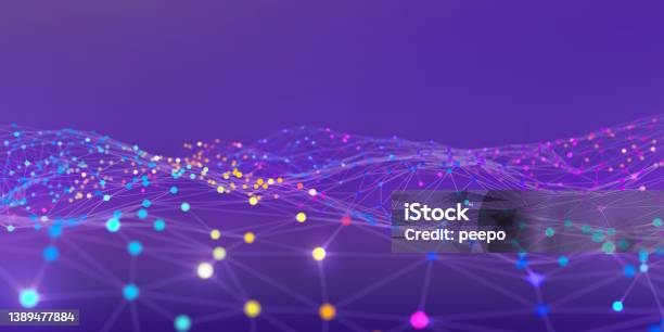 Bright Coloured Particles On 3d Graph Stock Photo - Download Image Now - Connection, Technology, Computer Network