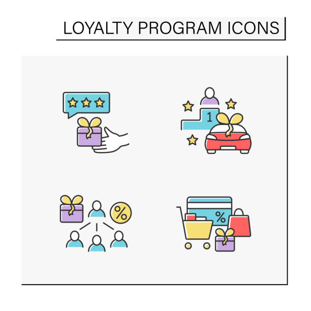illustrazioni stock, clip art, cartoni animati e icone di tendenza di set di icone a colori dei programmi fedeltà - car vector incentive customer