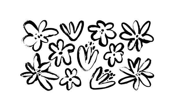 ilustraciones, imágenes clip art, dibujos animados e iconos de stock de flores de dibujo a tinta negra. - herb chamomile flower arrangement flower