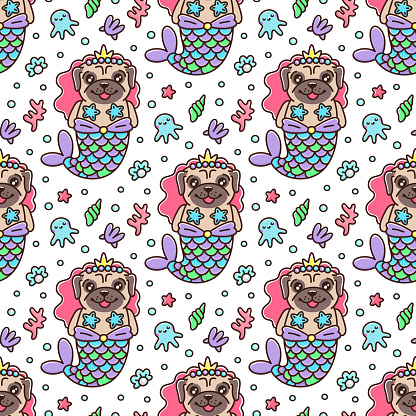 Seamless pattern with dog pug in a mermaid costume. With tail of a mermaid, crown, pearl, shell, coral, octopus and starfish. It can be used for packaging, wrapping paper, textile and etc. Excellent print for children's clothes, bed linens, etc.