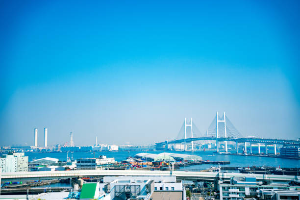 view of yokohama bay bridge view from Minato-no-Mieru-Oka Park in yokohama kanagawa prefecture stock pictures, royalty-free photos & images